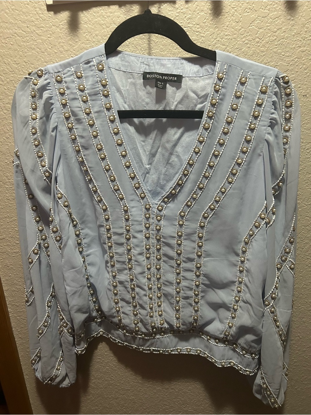 Boston Proper Pale Blue Pearl-Embellished V-Neck Blouse